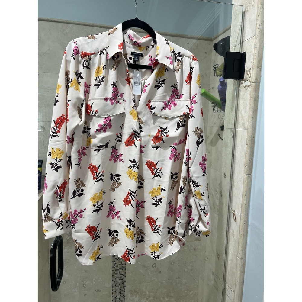 Ann Taylor Floral Mixed Media Top Women L Beige Blouse Long Sleeve NWT
